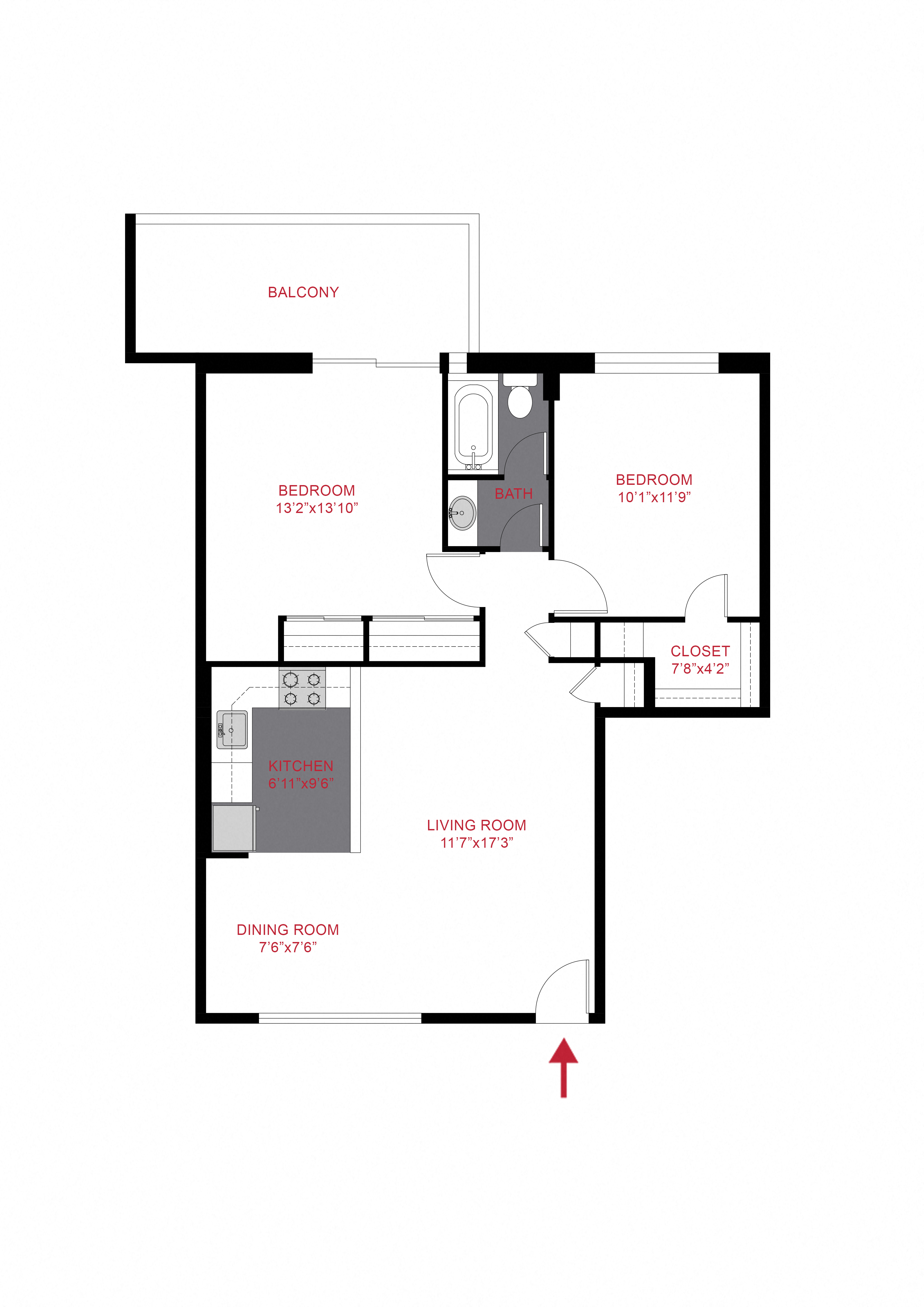 Floor plan for 2 beds, 1 bath, 724 sqft